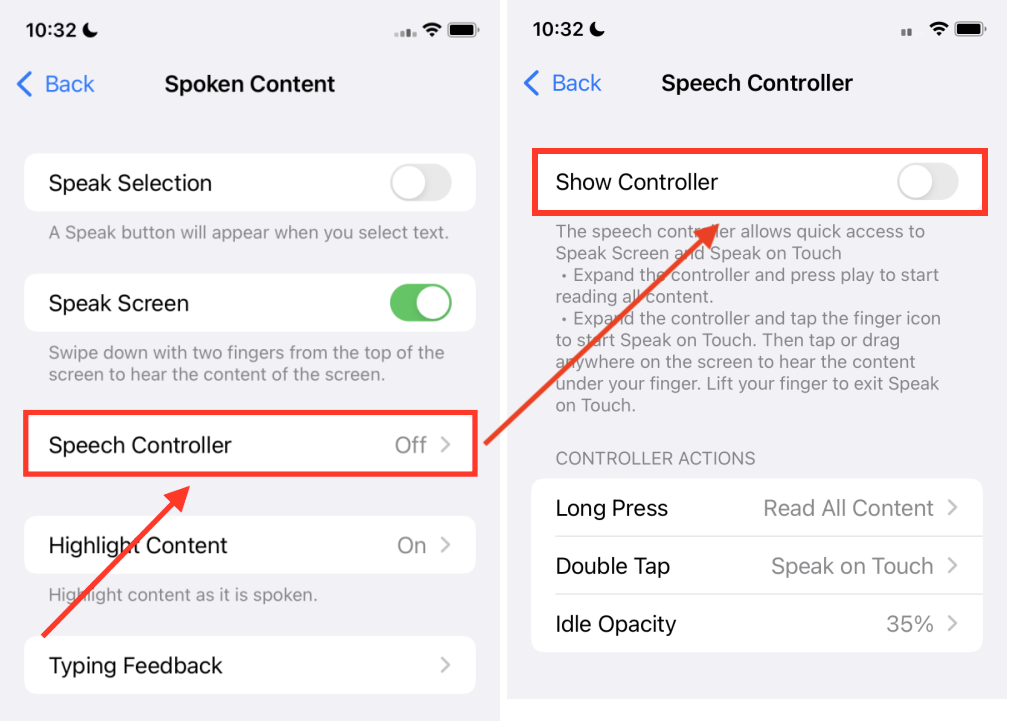 Tap Speech Controller then the toggle switch for Show Controller